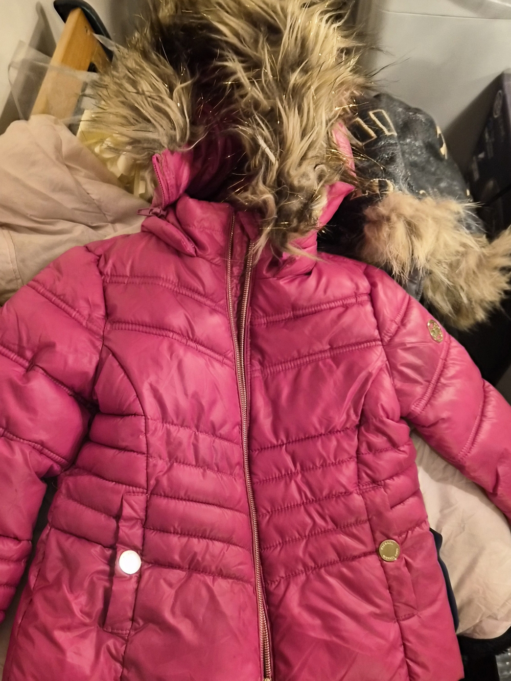 Girls' Hot Pink Puffer Coat with Faux-Fur Hood